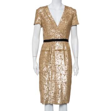 Pre Owned Burberry Vintage Gold Sequined V Neck Sheath Dress S