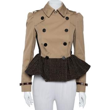 Pre Owned Burberry Prorsum Beige Cotton & Black Tweed Paneled Peplum Double Breasted Jacket S 