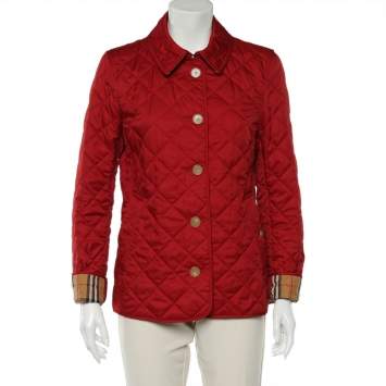 Pre Owned Burberry Red Diamond Quilt Patterned Button Front Jacket L