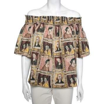 Pre Owned Burberry Umber Brown Printed Cotton Gerbera Off Shoulder Top L
