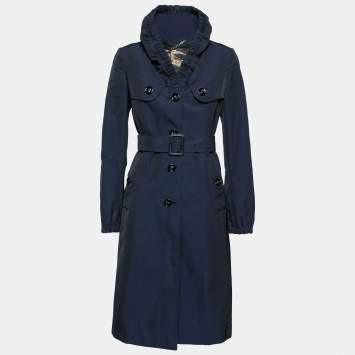 Pre Owned Burberry Navy Blue Synthetic Ruched Neckline Trench Coat M