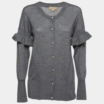 Pre Owned Burberry Grey Wool Ruffled Sleeve Button Front Cardigan L