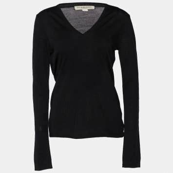 Pre Owned Burberry Black Wool V-Neck Sweater M