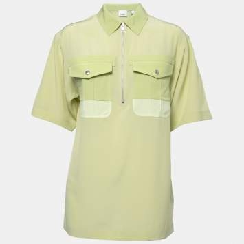 Pre Owned Burberry Green Silk Zip-Up Bowling Shirt S