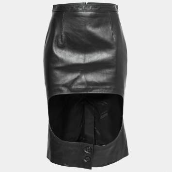 Pre Owned Burberry Black Leather Step-Through Pencil Skirt S