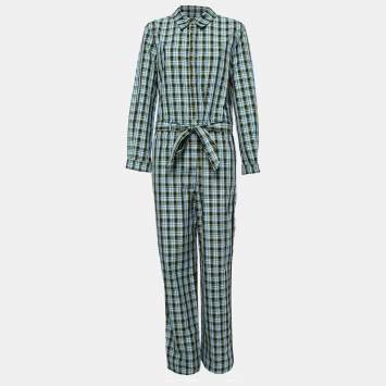 Pre Owned Burberry Blue Checked Cotton Lampton Belted Jumpsuit M