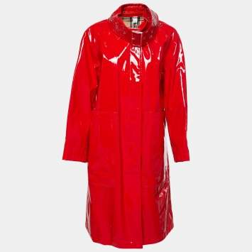Pre Owned Burberry Red Glossed-Vinyl Belt Detailed Coat S