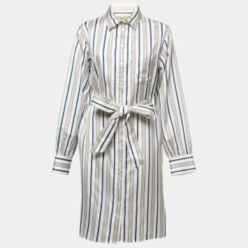 Pre Owned Burberry Multicolor Striped Silk Belted Shirt Midi Dress L