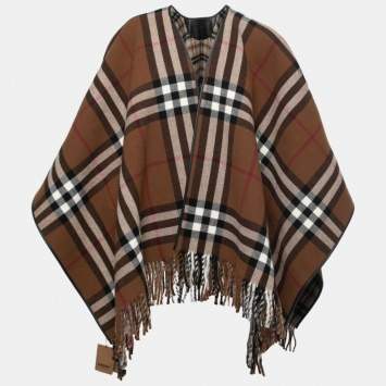 Pre Owned Burberry Brown Checked Wool Fringed Cape One Size