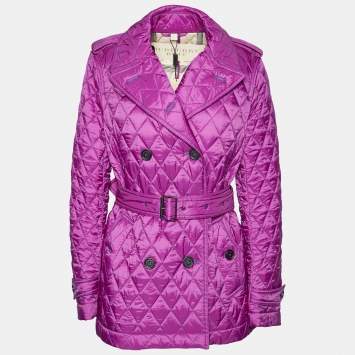 مملوكة مسبقًا Burberry Purple Quilted Synthetic Belted Double Breasted Jacket M