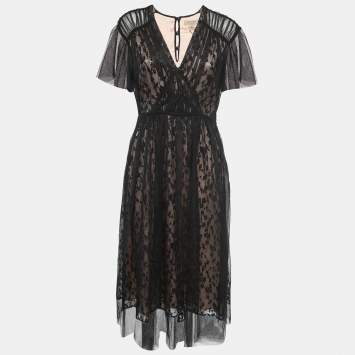 Pre Owned Burberry Black Tulle & Floral Lace V-Neck Flared Midi Dress M