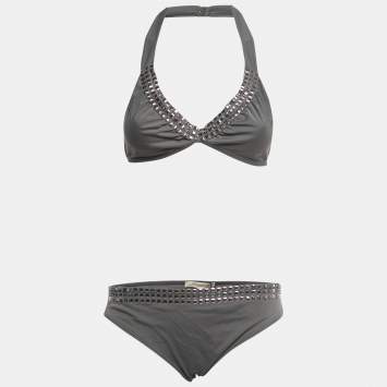 Pre Owned Burberry Grey Studded Nylon Bikini L 