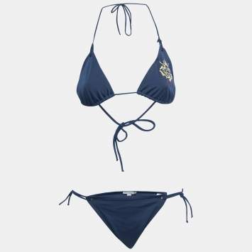 Pre Owned Burberry Navy Blue Logo Embroidered Nylon Bikini L 