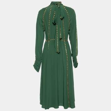 Pre Owned Burberry Green Silk Crystal Embellished Long Sleeve Gown S