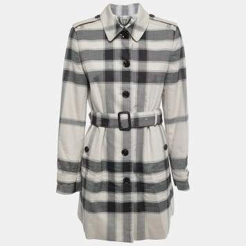 Pre Owned Burberry Beige/Black Plaid Wool Blend Single Breasted Belted Coat M