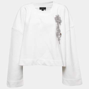 Pre Owned Burberry White Cotton Crystals Embellished Brooch Detailed Sweatshirt XL 