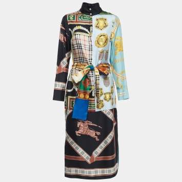 Pre Owned Burberry Multicolor Printed Silk Belted Shirt Dress S