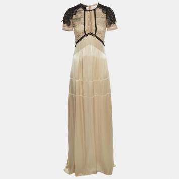 Pre Owned Burberry Beige Silk & Lace Semi Sheer Maxi Dress S