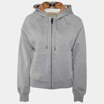 Pre Owned Burberry Grey Cotton Check Lined Hooded Zip Up Jacket S