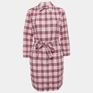 Pre Owned Burberry Pink Checked Lace Trimmed Cotton Belted Shirt Dress M
