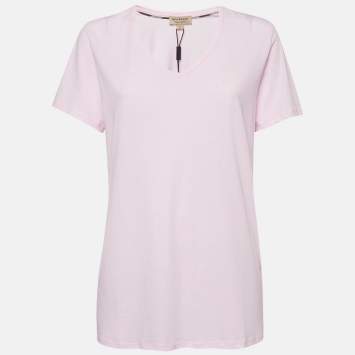 Pre Owned Burberry Pink Embroidered Cotton V-Neck T-Shirt L   