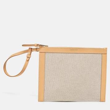 Pre Owned Burberry Beige/Tan Canvas and Leather Wristlet Pouch