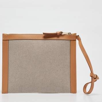 Pre Owned Burberry Beige/Tan Canvas and Leather Wristlet Pouch
