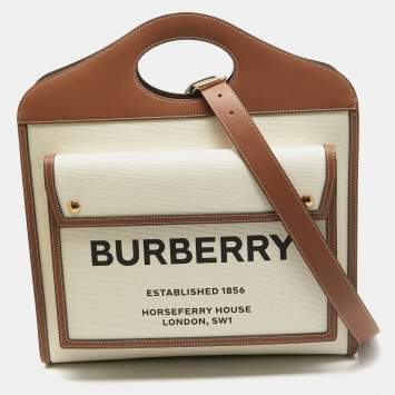 Pre Owned Burberry Beige/Brown Canvas and Leather Medium Pocket Bag
