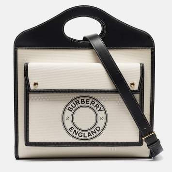 Pre Owned Burberry Black/White Canvas and Leather Medium Pocket Bag