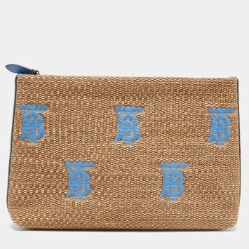Pre Owned Burberry Natural/Blue Raffia Duncan Pouch 