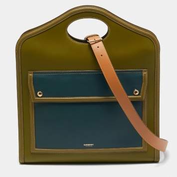 Pre Owned Burberry Juniper Green/Blue Leather Medium Pocket Tote
