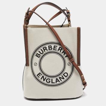 Pre Owned Burberry Off White/Brown Canvas and Leather Small Peggy Bucket Bag