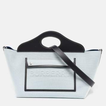 Pre Owned Burberry Blue/Black Canvas and Leather Soft Pocket Debossed Logo Tote
