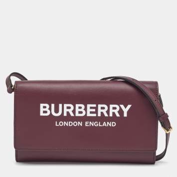 Pre Owned Burberry Burgundy Leather Logo Flap Wallet Crossbody Bag