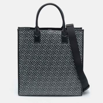 مملوكة مسبقًا Burberry Black/White TB Logo Leather Vertical Denny Tote