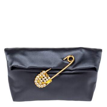 Pre Owned Burberry Grey Satin Crystal Embellished Pin Clutch