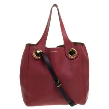 Pre Owned Burberry Crimson Red Leather Medium Grommet Detail Tote