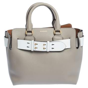 Pre Owned Burberry Mineral Grey Leather Small Belt Tote
