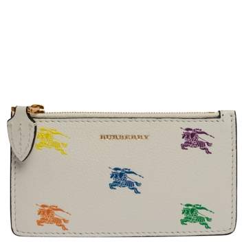 Pre Owned Burberry White/Blue Leather Equestrian Knight Zip Card Holder