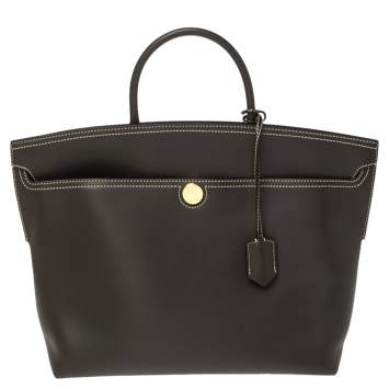 Pre Owned Burberry Dark Brown Leather Society Top Handle Bag