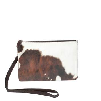 Pre Owned Burberry Mahogany Brown/White Printed Leather Wristlet Clutch 