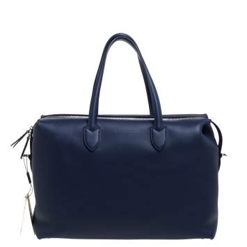 Pre Owned Burberry Regency Blue Leather Lawrence Holdall Weekend Bag