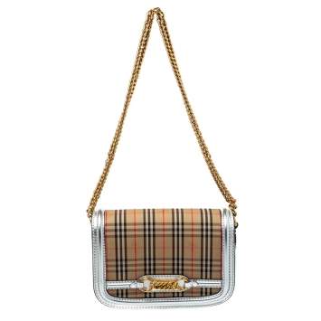 Pre Owned Burberry Silver/Beige Haymarket Check Canvas and Leather Link Flap Shoulder Bag