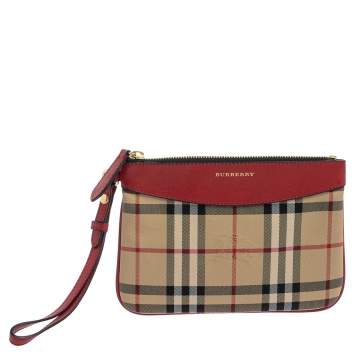 Pre Owned Burberry Red Haymarket Check Canvas and Leather Paige Wristlet Clutch