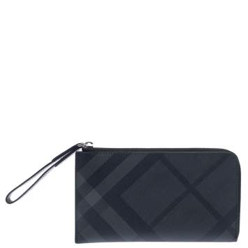 Pre Owned Burberry Charcoal Check Coated Canvas Zip Around Nolan Wristlet Wallet