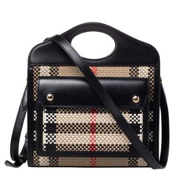 Pre Owned Burberry Black/Beige Latticed Leather Tote