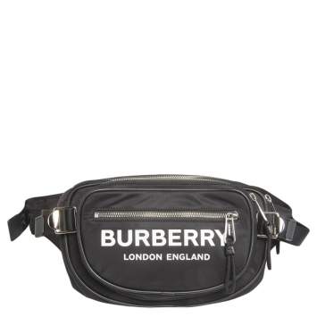 Pre Owned Burberry Black Logo Print Nylon and Leather Trim Bum Belt Bag