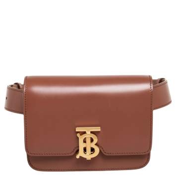 Pre Owned Burberry Brown Leather TB Mini Belt Bag