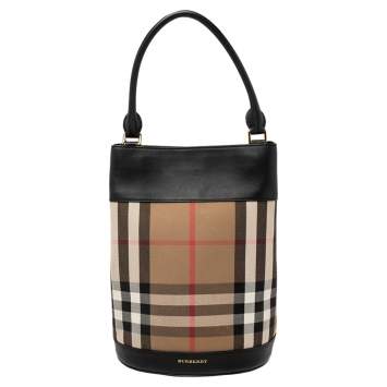 Pre Owned Burberry Black/Beige House Check Canvas and Leather Bucket Bag
