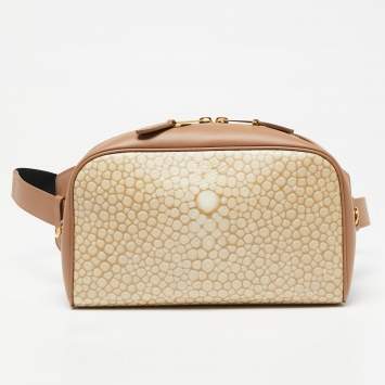 Pre Owned Burberry Beige Stingray Print Coated Canvas and Leather Cube Belt Bag
